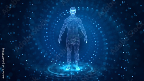 3D high-tech holographic human rotating with mystical psychic energy