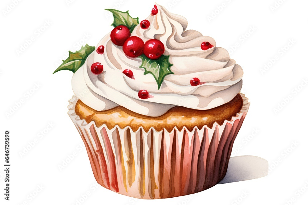 Watercolor Christmas cupcake with holly berries. Hand drawn illustration