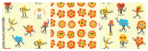 Colorful funny happy face label seamless pattern set. Collection of trendy retro sticker cartoon backgrounds. Weird comic character art wallpaper