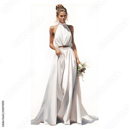 bride in a white wedding dress with a bouquet of flowers