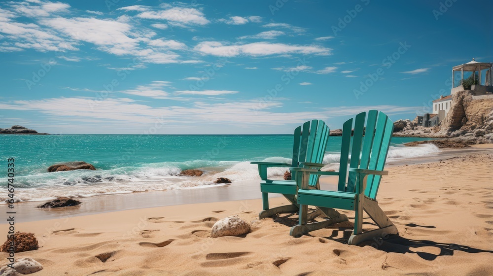 Chairs on the sandy beach near the sea, Beautiful beach