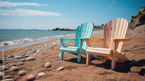 Chairs on the sandy beach near the sea  Beautiful beach