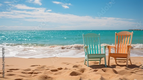 Chairs on the sandy beach near the sea  Beautiful beach