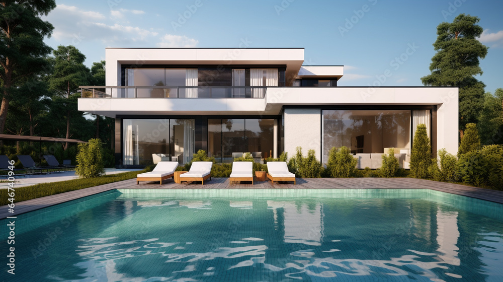 Modern villa with a pool and stylish patio in a serene setting.