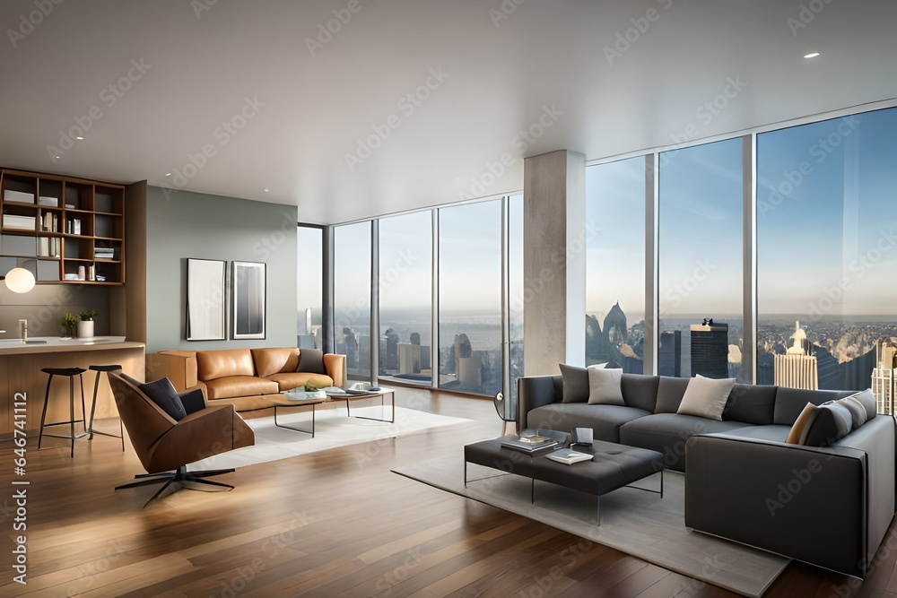 Fototapeta premium Modern Luxury Apartment Interior with City View