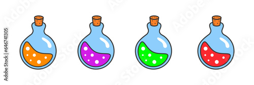 Bottle of magic potion in defferent colors vector illustration. Halloween, laboratory, science, wizard, witchcraft, mana, game element.