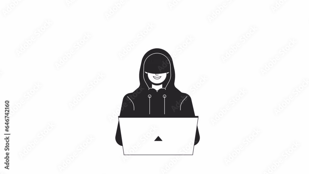 Laptop typing criminal with hoodie bw outline 2D character animation. Cyber attack monochrome linear cartoon 4K video. Anonymous computer hacker coding animated person isolated on white background