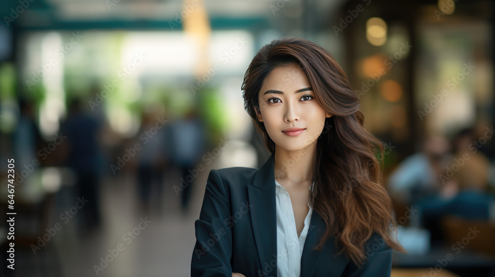 Beautiful Asian businesswoman looking at camera in office setting while wearing office white shirt and suit