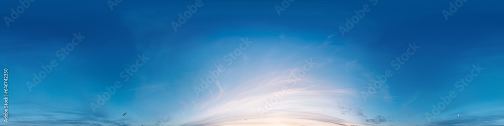 Obraz premium Sunset sky panorama with golden pink Cirrus clouds. Seamless hdr spherical 360 panorama. Sky dome in 3D visualization, sky replacement for aerial drone 360 panoramas. Weather and climate change