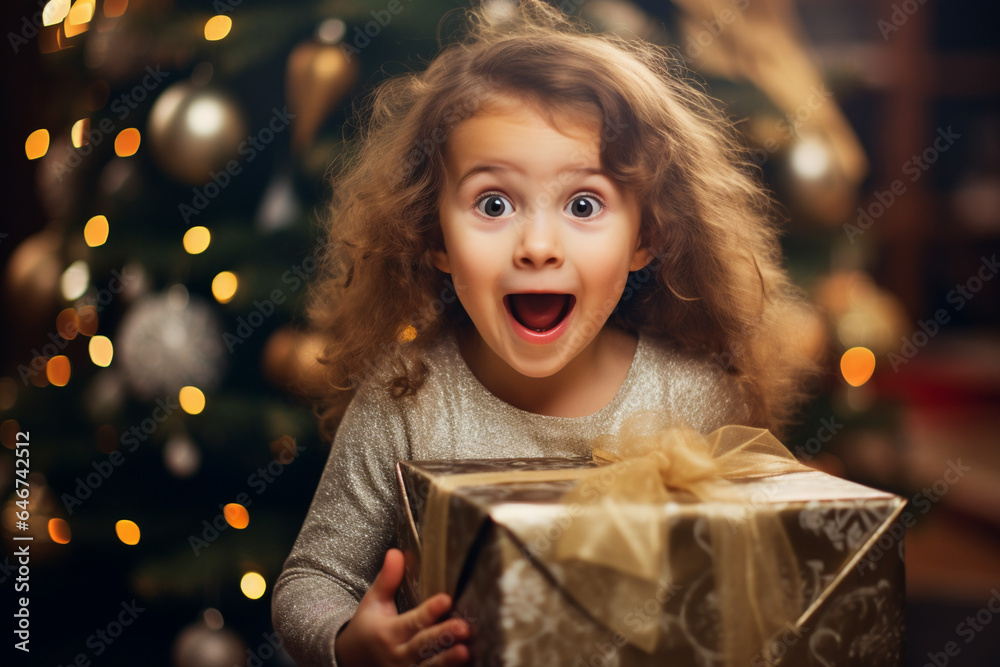 excited little girl holding a big Christmas present with christmas tree and bokeh lights in the background, candid excited little girl holding a big Christmas present with christmas tree and bokeh lights in the background, candid