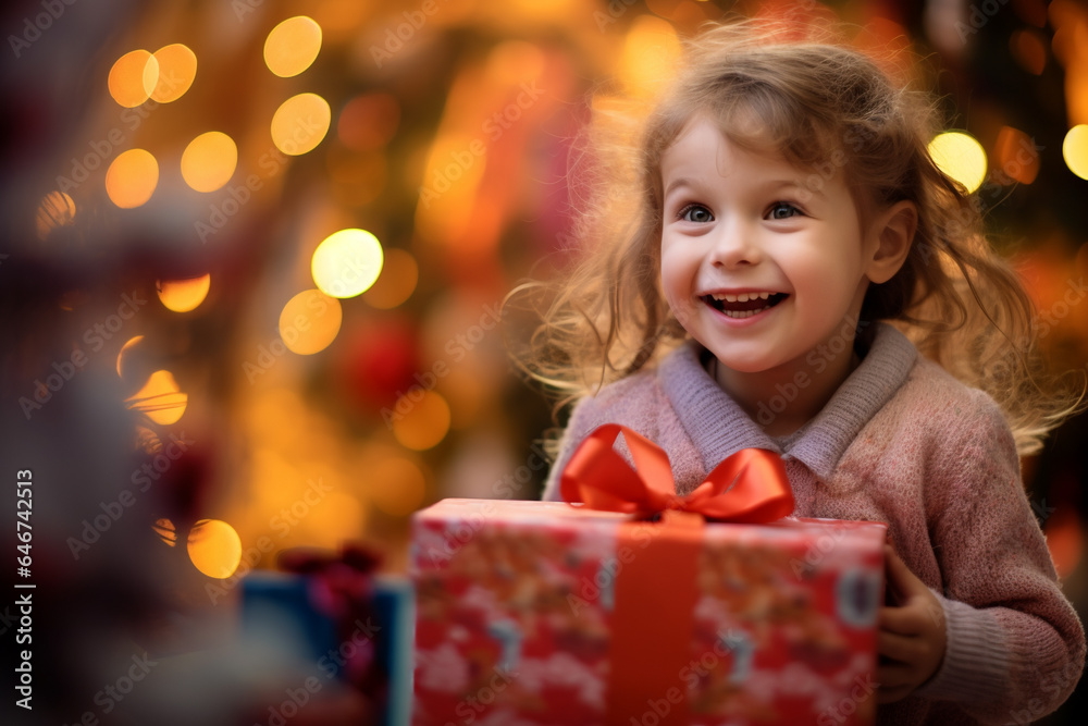 excited little girl holding a big Christmas present with christmas tree and bokeh lights in the background, candid excited little girl holding a big Christmas present with christmas tree and bokeh lights in the background, candid