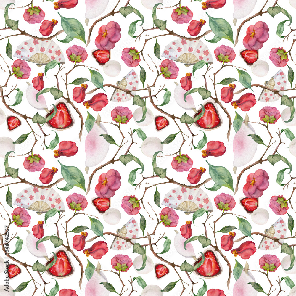 Watercolor seamless pattern with hand drawn traditional Japanese sweets. Wagashi, mochi, camellia flowers. Isolated on white background. Invitations, restaurant menu, greeting cards, print, textile Watercolor seamless pattern with hand drawn traditional Japanese sweets. Wagashi, mochi, camellia flowers. Isolated on white background. Invitations, restaurant menu, greeting cards, print, textile