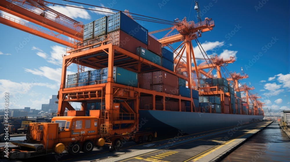 Container Loading process on cargo ship with ship crane, bright blue sky background Container Loading process on cargo ship with ship crane, bright blue sky background