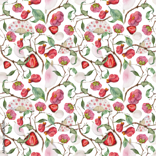 Wallpaper Mural Watercolor seamless pattern with hand drawn traditional Japanese sweets. Wagashi, mochi, camellia flowers. Isolated on white background. Invitations, restaurant menu, greeting cards, print, textile Torontodigital.ca