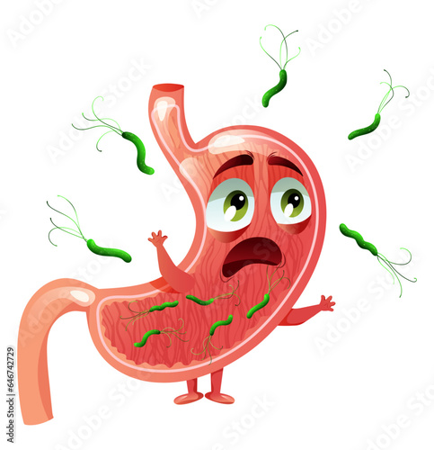 Scared cartoon stomach character among helicobacter pylori bacteria