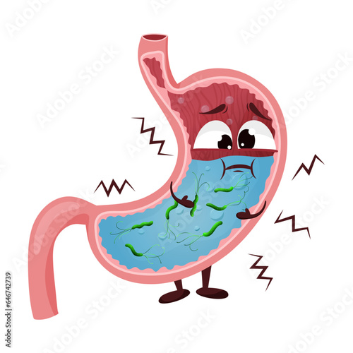 Helicobacter pylori in cartoon stomach character