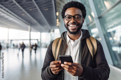 Handsome smiling African American young man wearing glasses with digital tablet looking at camera at airport