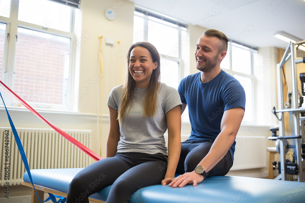 A physiotherapist utilizes elastic resistance bands, guiding a patient through a series of stretches and exercises to improve mobility and strength