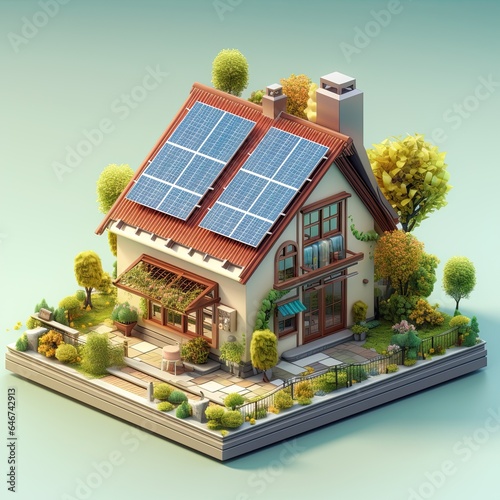 realistic 3d house with solar panel on roof, in the style of tranquil gardenscapes  Generative AI photo