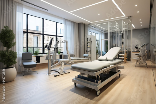 Bright, contemporary physiotherapy space showcasing advanced equipment designed to optimize patient recovery and therapeutic outcomes photo