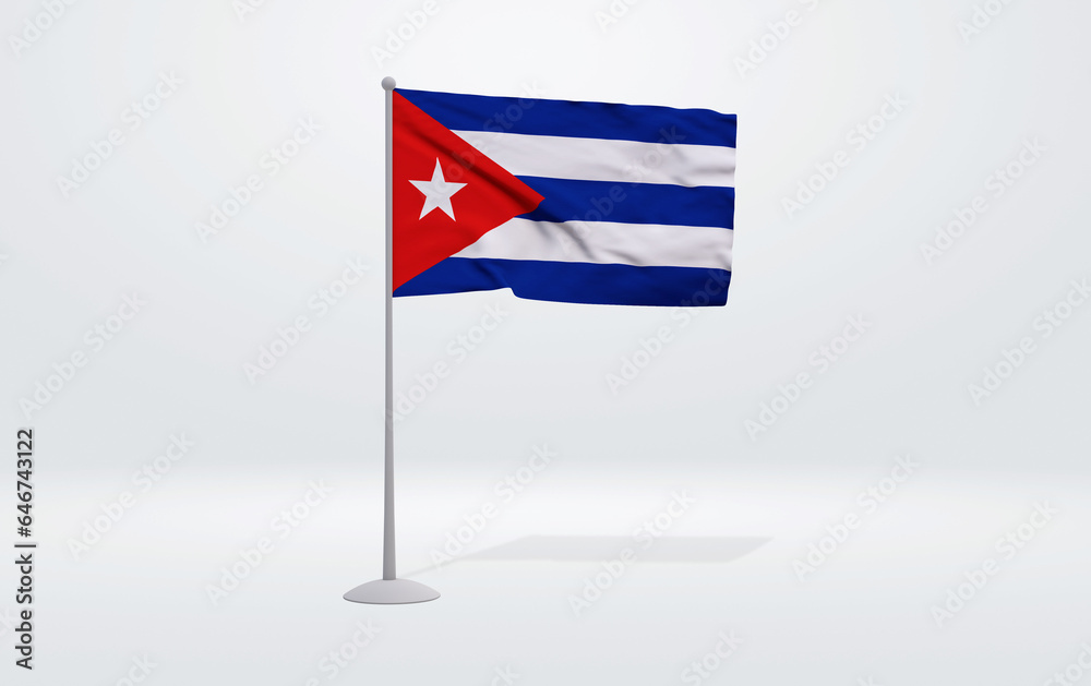 Fototapeta premium 3D illustration of a Cuban flag extended on a flagpole and a studio backdrop in the background.