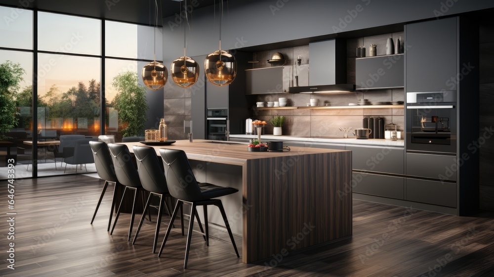 Dark Modern Kitchen in Luxury apartment with stainless steel Appliances