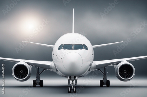 White passenger airplane on a gray background front view