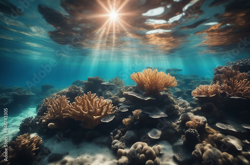 Underwater view of tropical coral reef with sun rays shining through water surface