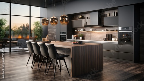 Dark Modern Kitchen in Luxury apartment with stainless steel Appliances