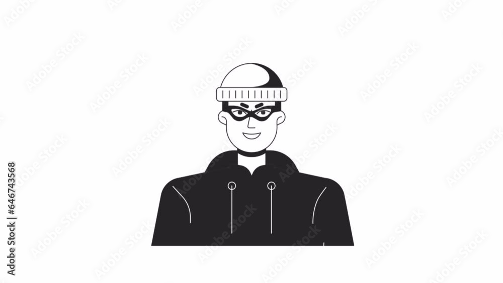 Evil smile burglar criminal bw outline 2D character animation. Crime thief in mask disguise monochrome linear cartoon 4K video. Frowning eyebrows robber animated person isolated on white background Evil smile burglar criminal bw outline 2D character animation. Crime thief in mask disguise monochrome linear cartoon 4K video. Frowning eyebrows robber animated person isolated on white background