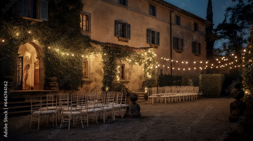 Rustic mansion exterior with wedding decor 