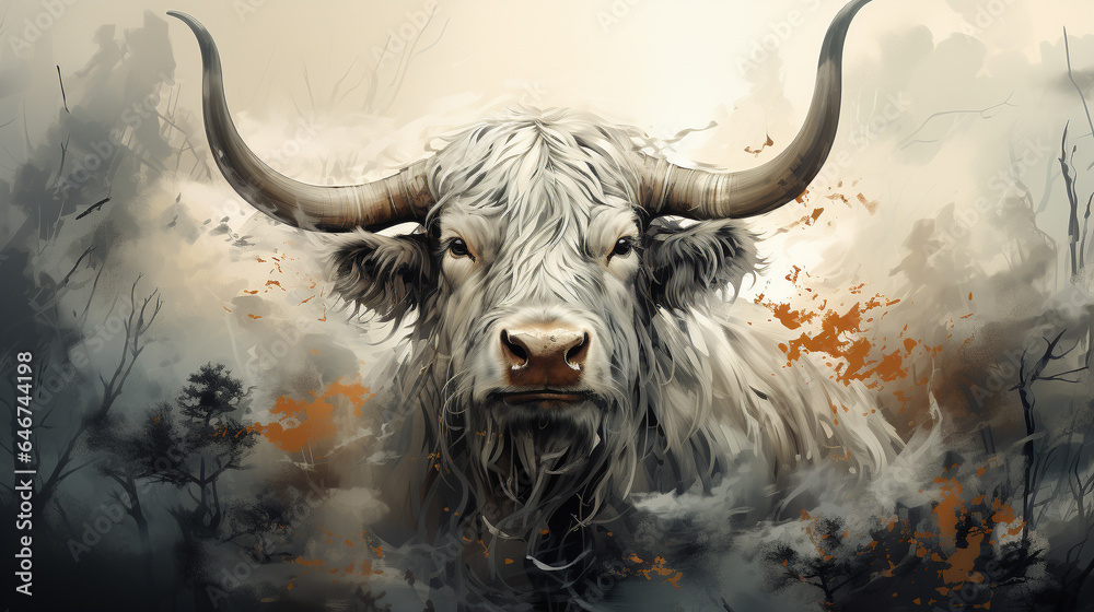 Naklejka premium bull in the field UHD wallpaper Stock Photographic Image