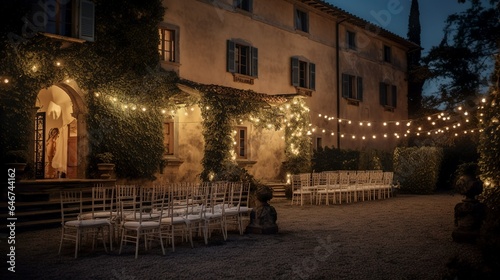 Rustic mansion exterior with wedding decor 