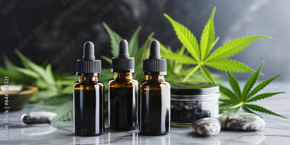CBD drops in mockup bottles with space for text - obrazy, fototapety, plakaty 
