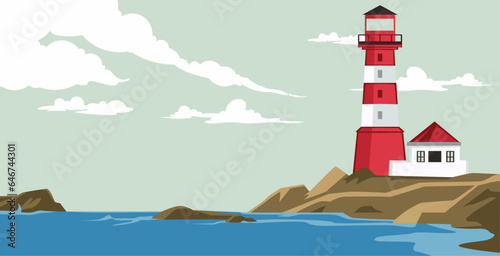 Lighthouse on island in flat style. Coastline landscape with beacon. Faros on the beach, lighthouse on a rock in a landscape of coastal waves
