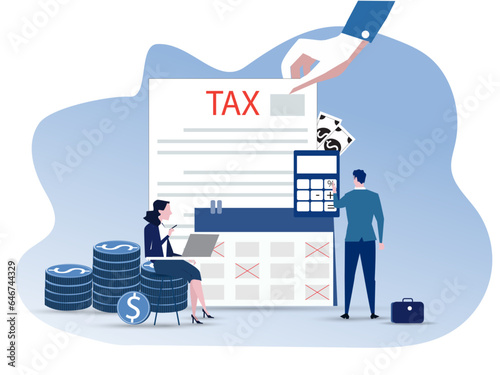 Hand gives notice pay tax financial,paperwork, financial research report and calculation of tax return. Payment of debt. Government, state taxes vector.