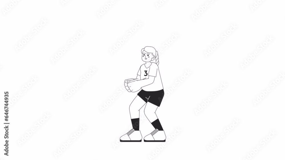 Volleyball libero playing defense bw 2D character animation. Volleyball player position outline cartoon 4K video, alpha channel. European woman hand grip animated person isolated on white background Volleyball libero playing defense bw 2D character animation. Volleyball player position outline cartoon 4K video, alpha channel. European woman hand grip animated person isolated on white background