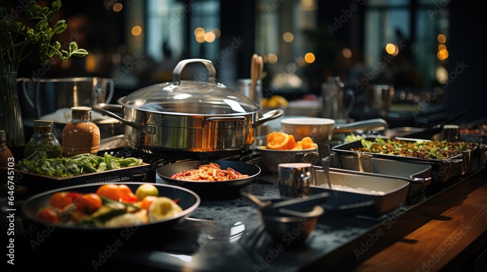 Full set of kitchen equipment, with a beautiful modern style interior Full set of kitchen equipment, with a beautiful modern style interior