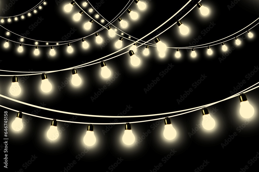 Realistic christmas lights, Bright garland lights decoration. Glowing bulbs for xmas cards, banners, posters, web. Led neon lamp. Vector illustration.

