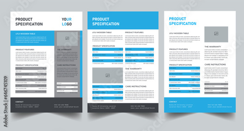 Product Specification Sheet Layout with Blue and Black Design
