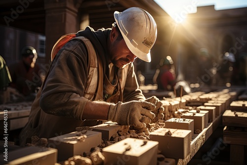 Mason Laying Bricks: A mason precisely lays bricks to build a sturdy structure on a sunny construction site. Generated with AI