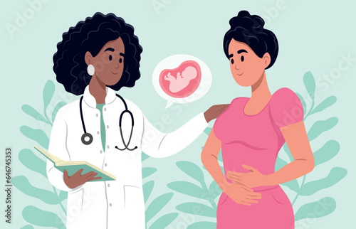 Happy young female finds out about her pregnancy. Obstetrician doctor consulting female patient expecting a baby about pregnancy during check up.