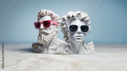 An antique bust sculpture woman and man in modern sunglasses. Minimal concept art.