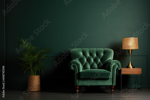 Living room with green armchair on empty dark green wall background