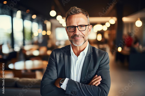 Portrait of confident and happy mature businessman wearing glasses and looking at camera in creative office