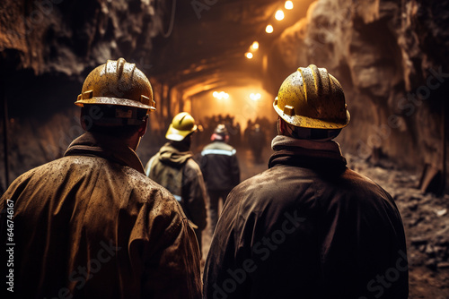 Miners underground inspecting work in progress at a mine site. back view