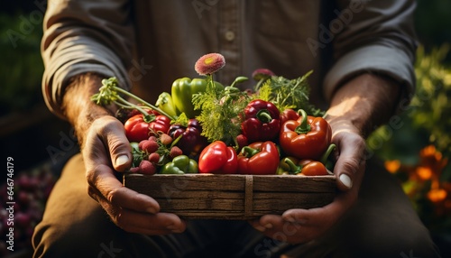 Close Up of Farmer Male Hands Holding Box with Organic Food. Generative ai