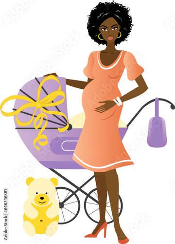 Young pretty african pregnant woman with a purple pram and baby shower gifts