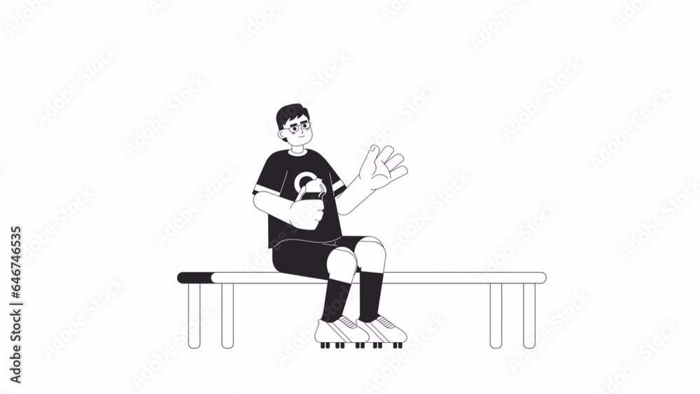 Asian soccer player drinking from water bottle bw 2D character animation. Break outline cartoon 4K video, alpha channel. Korean sportsman sitting on bench animated person isolated on white background Asian soccer player drinking from water bottle bw 2D character animation. Break outline cartoon 4K video, alpha channel. Korean sportsman sitting on bench animated person isolated on white background