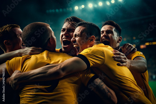 male Soccer players in a crowded soccer stadium celebrating a goal © xavier gallego morel